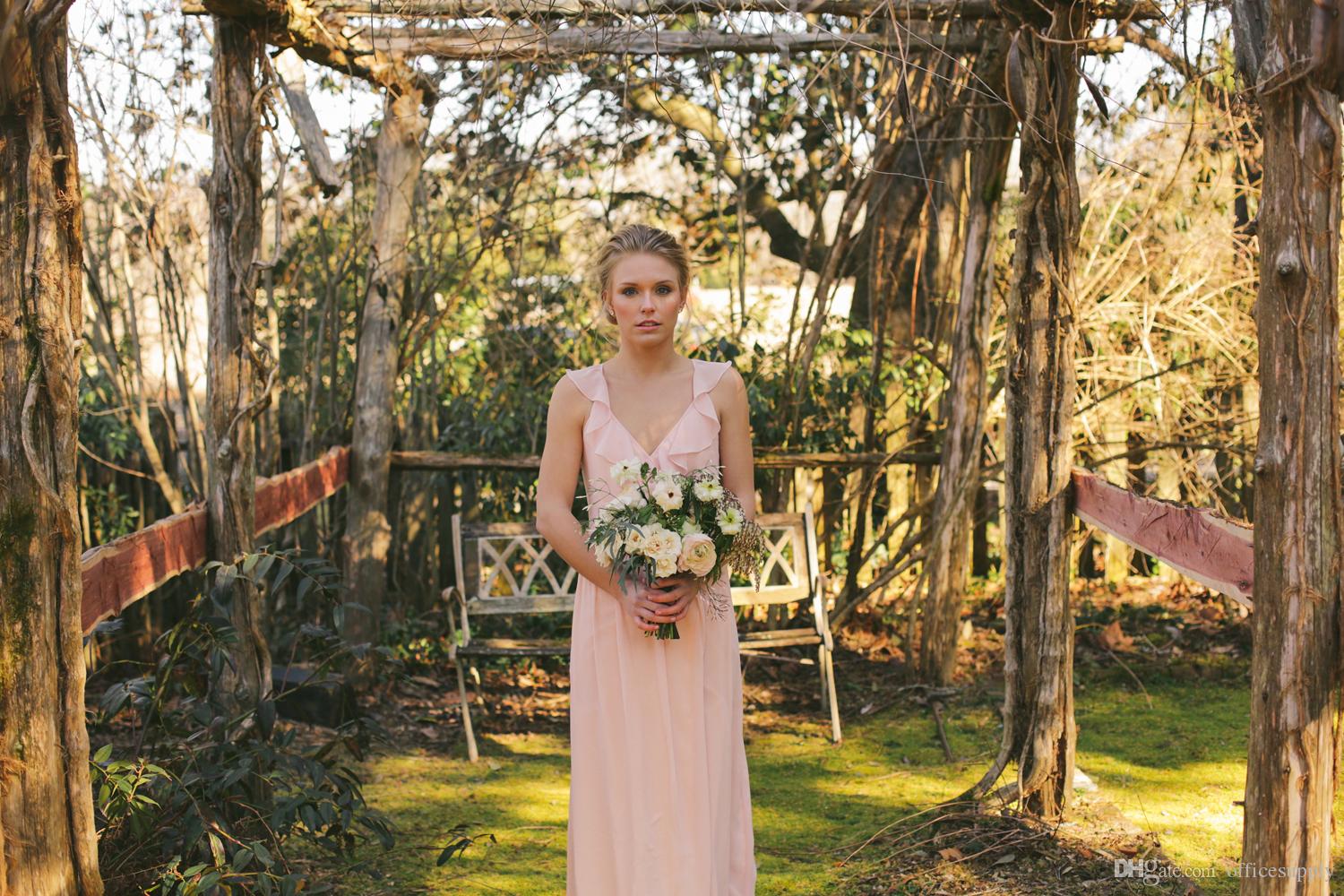 Cheap Country Style Pretty Blush Bridesmaid Dress Mixed Style Blow Chiffon Boho Long Bridesmaid Dresses Beach Wedding Party Gowns