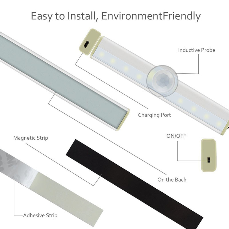 Motion Sensor Night Lights 10 LED Rechargeable Stick On Anywhere Magnetic LED light Bar for Under Cabinet Closet Hallway Stairway