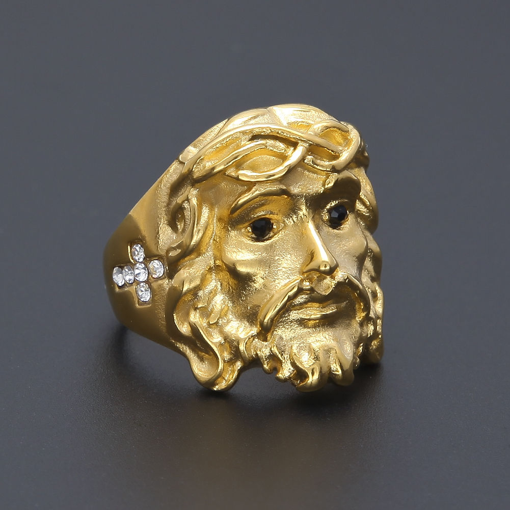 Men Hip Hop Ring Color Retaining Jesus Cross CZ Jesus Head Ring Gold Plated stainless steel Simulate Dimond Iced out Rings
