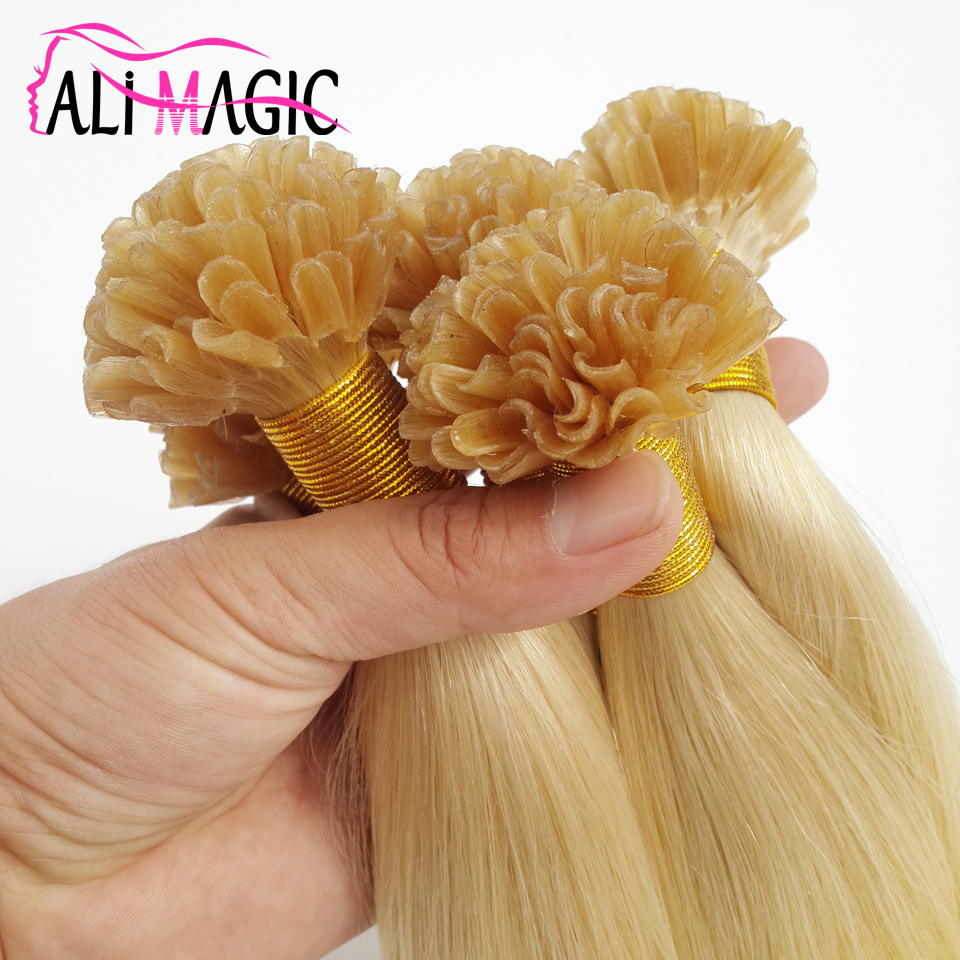 ALI MAGIC U Tip Hair Extensions Fusion Hair Blonde Color 100g/lot 1g/strand Keratin Glue Beads Prebonded Human Hair Extensiones 14-28inch