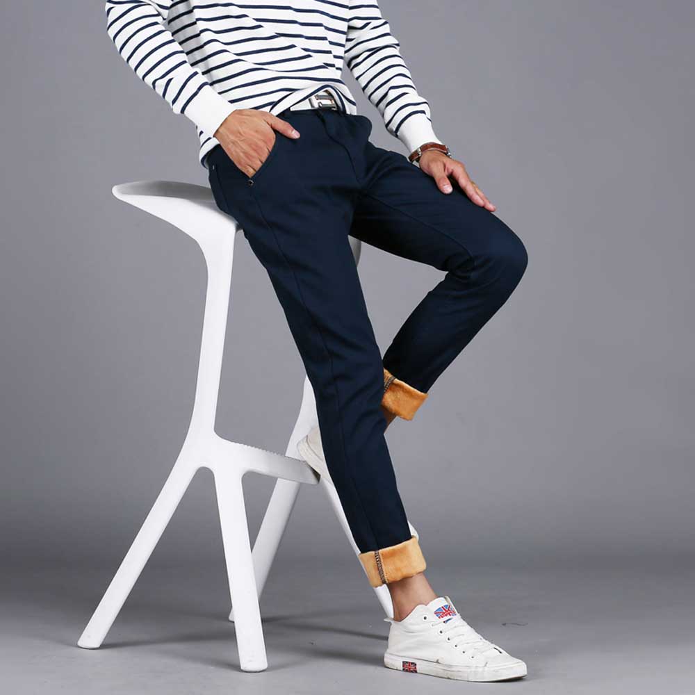 Wholesale-Mens Winter Pants Warm Fleeces Inside Slim Fit Casual Pants Khaki Blue Black Straight-Fit Long Trousers for Men