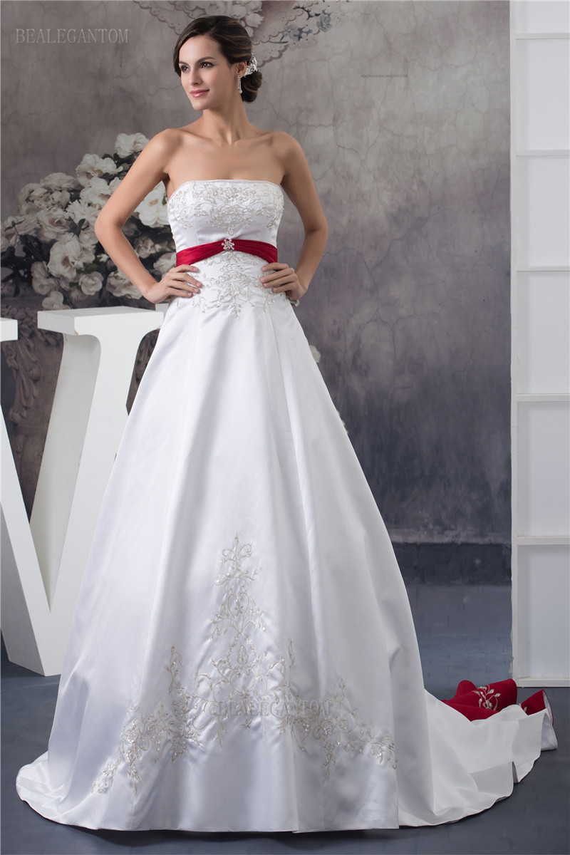 newest elegant strapless satin wedding dresses aline embroidery beaded plus size wedding party bridal gowns bm44