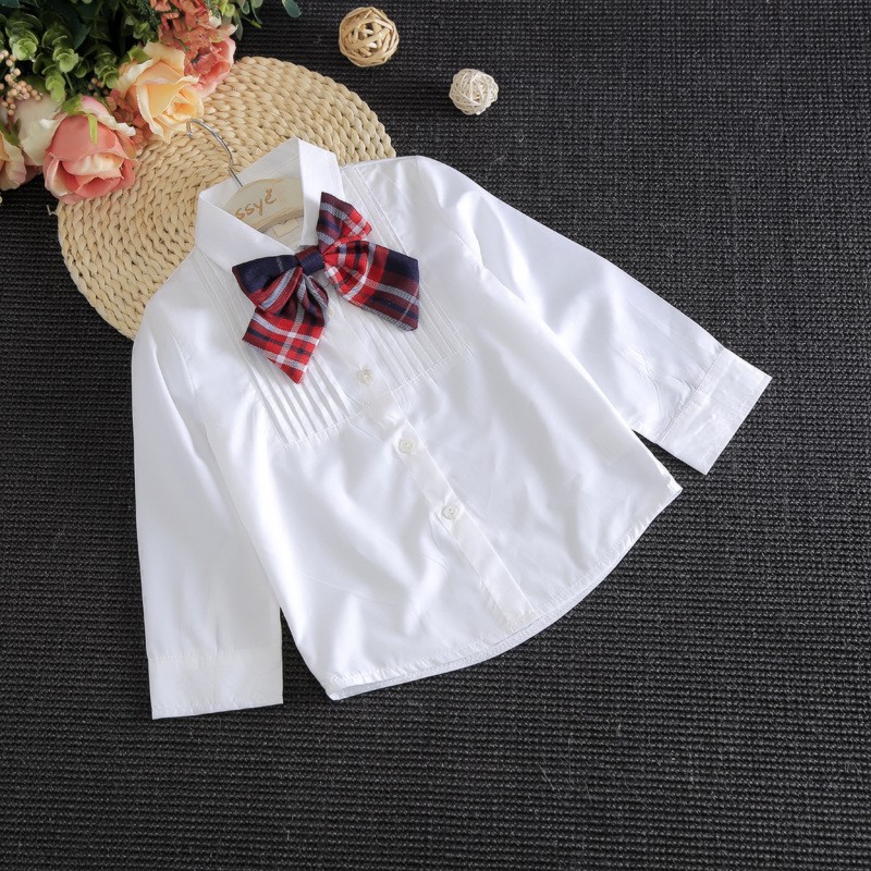 Autumn&Spring New School Style Fashion Baby Girls Dress Set White Shirt Top With Plaid Knot Tie+Plaid Mini Skirt 3 Pcs Sets 3-7T