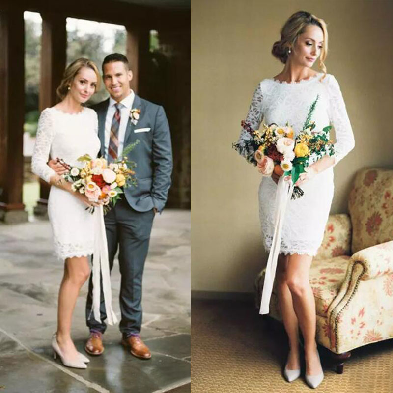 Spring 2020 Short Wedding Dresses Jewel Neck 3 / 4 Length Sleeves Fitted Full Lace Petite Bride Beach Country Wedding Reception Dresses, Champagne
Spring 2020 Short Wedding Dresses Jewel Neck 3 / 4 Length Sleeves Fitted Full Lace Petite Bride Beach Country Wedding Reception Dresses, Champagne