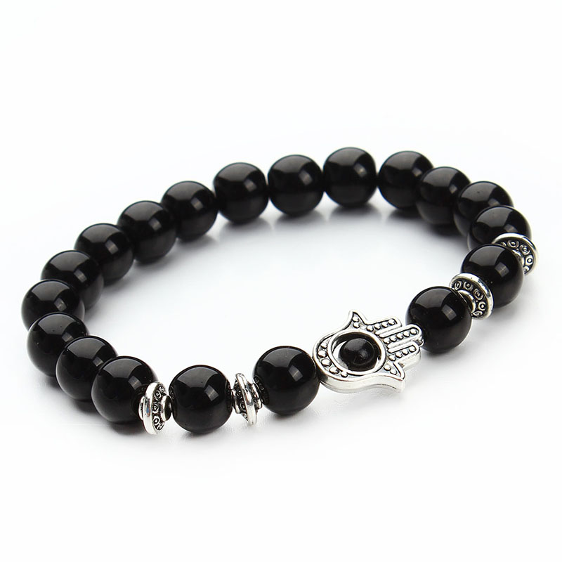 Wholesale-Drop Shipping!!! 8mm Natural Black Lava Energy Stone Beads Bracelet Gold Hamsa Hand Charm Bracelet Yoga Mala Bracelets F2830