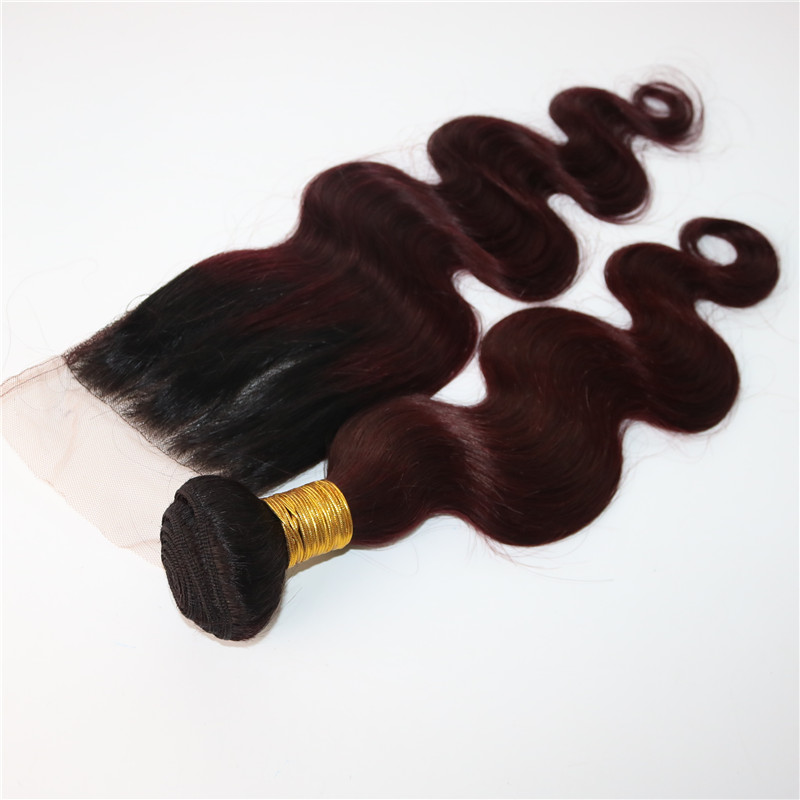 Ombre Hair 4*4Lace Closure With 3 Bundles 300gram Two Tone Dip Dye Burgundy 99J Body Wave Human Hair Weaves Closure