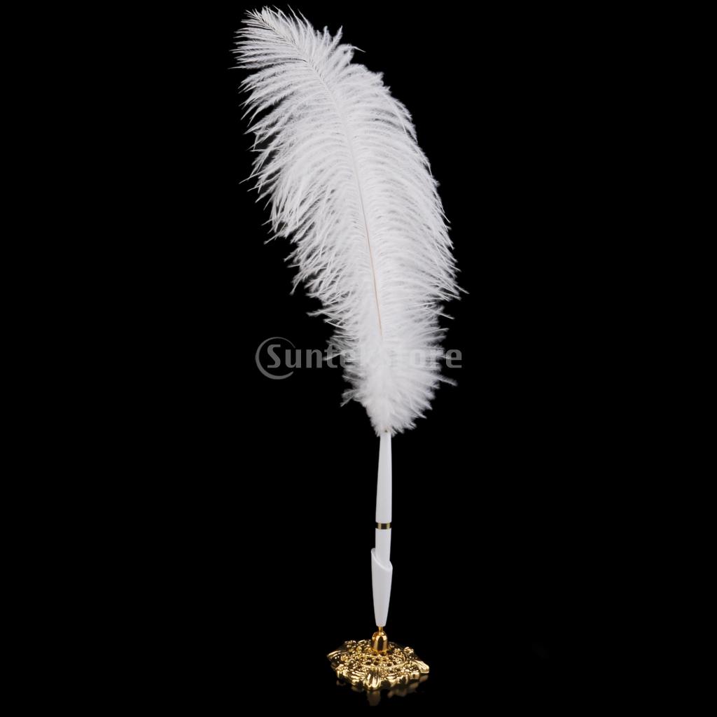 Party Favor Ostrich Feather Quill Signing Pen with Metal Holder Wedding Pen Set White
