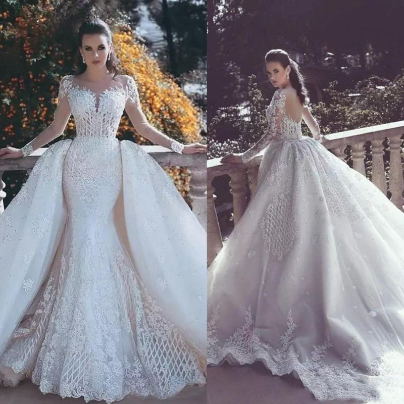 2019 Backless Mermaid Lace Wedding Dresses With Detachable Train Plunging Neck Wedding Dress Illusion Sleeves Beaded Bridal Gowns, White
2019 Backless Mermaid Lace Wedding Dresses With Detachable Train Plunging Neck Wedding Dress Illusion Sleeves Beaded Bridal Gowns, White
