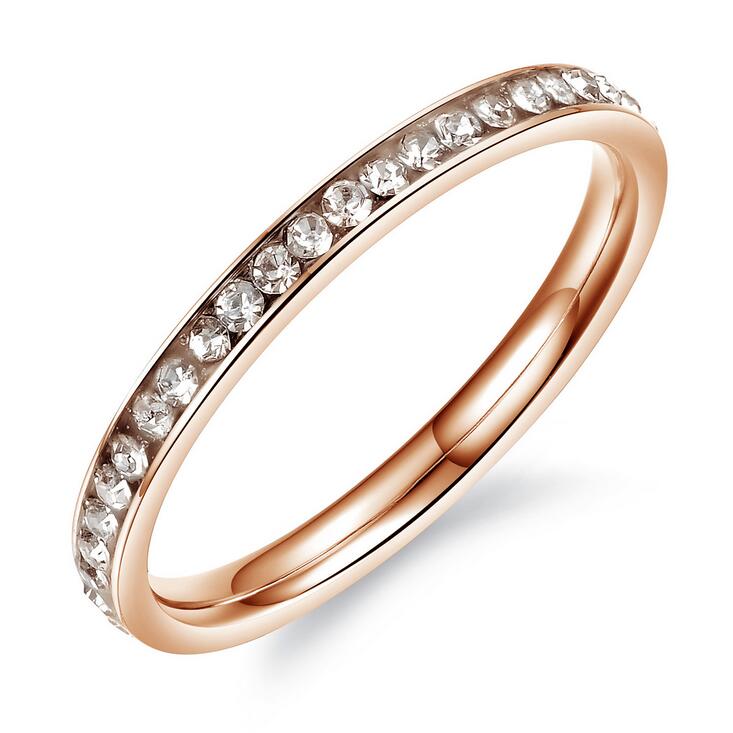 Wholesale High Quality Fashion Jewelry 18K Rose Gold Plated Stainless Steel 5A Cubic Zirconia CZ Diamond Women Wedding Band Ring Gift Sz4-7