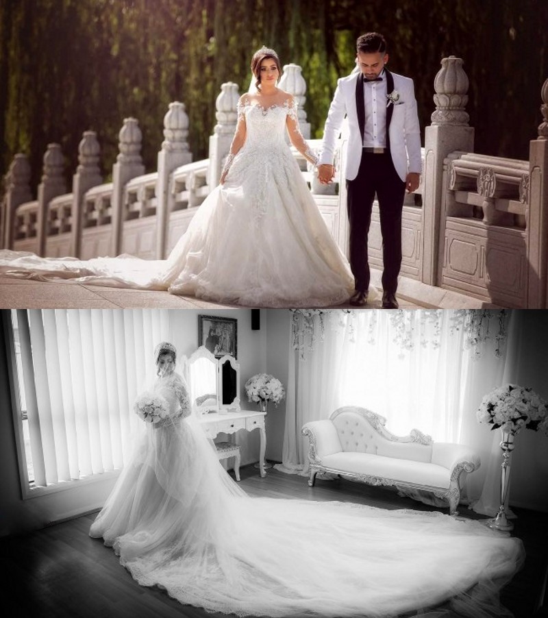 Lace Long Sleeves Bridal Dress With 3-Meters Tail Sheer Neckline Lace Appliques Wedding Gowns 2017 Custom Made Charming Wedding Dresses