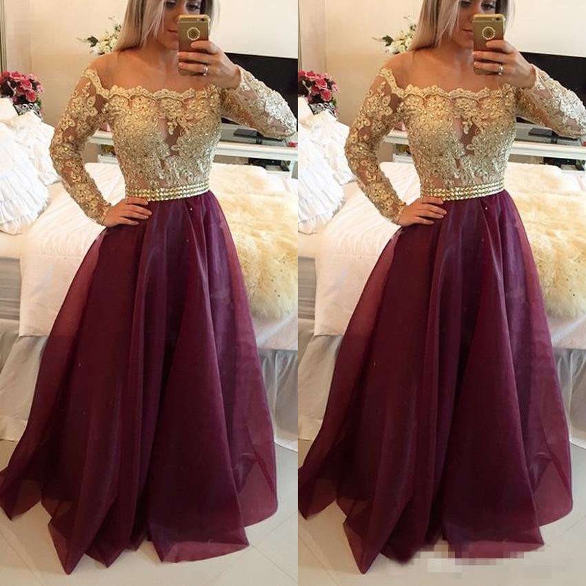 2019 Long Sleeves Burgundy Prom Dresses Bateau Neck Off The Shoulder Appliques Lace Organza Floor Length Evening Gowns Sweet 16 Dresses