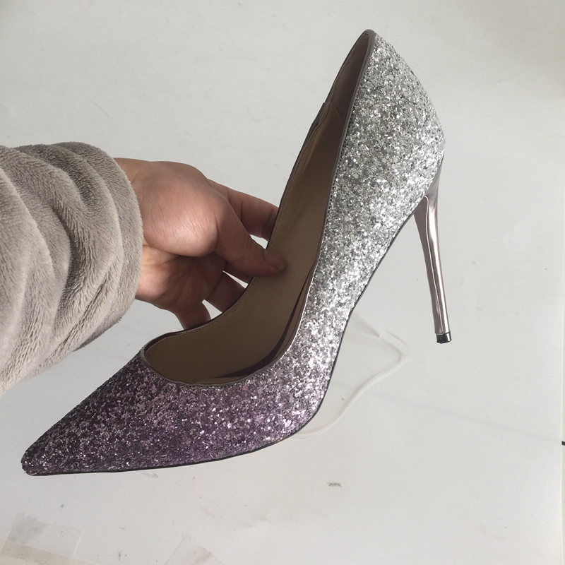 Silver Purple Glitter Wedding Shoes Pointed Toe Stilettos High Heels Slip On Pump Heels Plus Size EU34-46 Summer Bridal Shoes Pumps