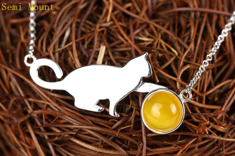 Fine Silver 925 Sterling Silver Pendant Necklace Charm Popular Fine Jewelry 9x9mm Round Cabochon Amber Agate Opal Setting