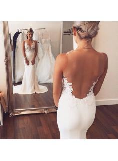Sheer Back Mermaid Wedding Dresses Sleeveless Lace Applique Summer Beach Wedding Gowns Court Train Backless Bridal Dress