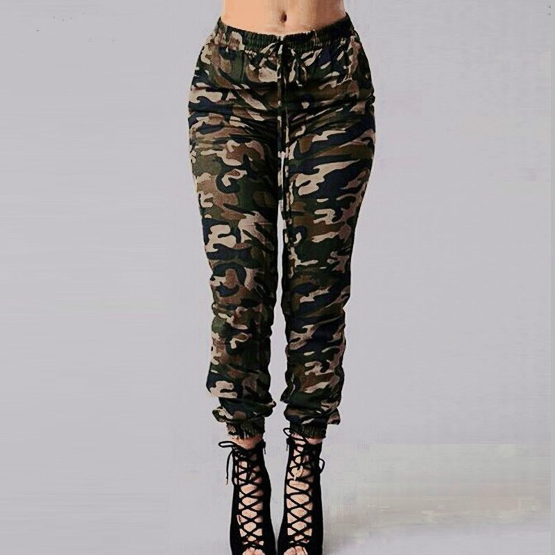 Camouflage Printed Plus Size S-3Xl Autumn Army Cargo Women Trousers Elastic Waist Pants