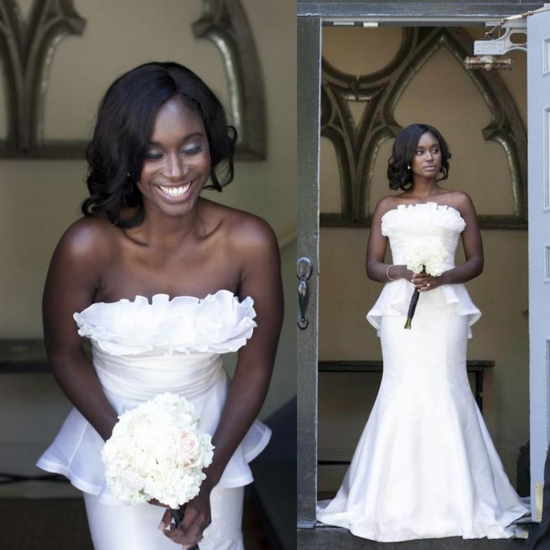 Simple White Wedding Dresses 2018 Sexy Strapless Mermaid Bridal Gowns Satin Ruffles Peplum Backless South African Cheap Wedding Vestidos, Champagne
Simple White Wedding Dresses 2018 Sexy Strapless Mermaid Bridal Gowns Satin Ruffles Peplum Backless South African Cheap Wedding Vestidos, Champagne