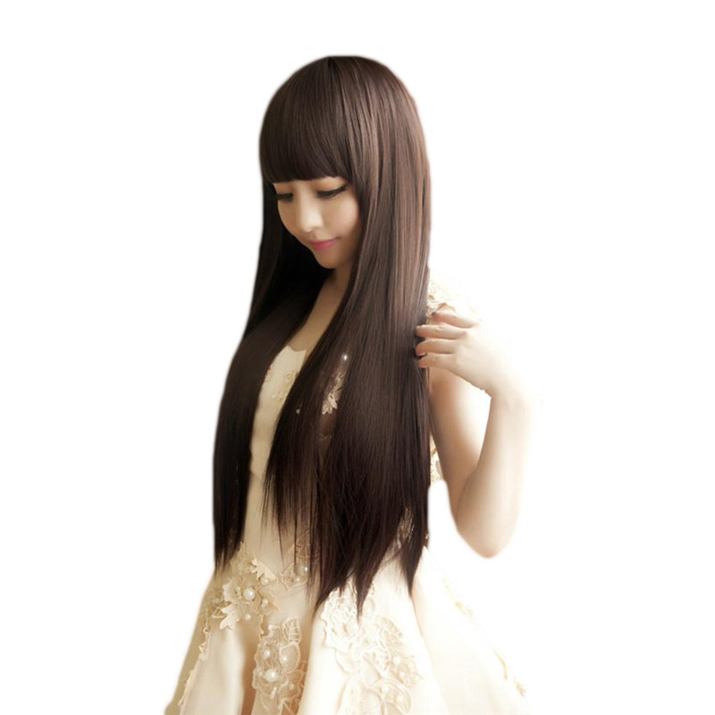 WoodFestival long black wig with bangs brown Straight Wigs For Women Hair neat bang synthetic fiber cosplay
