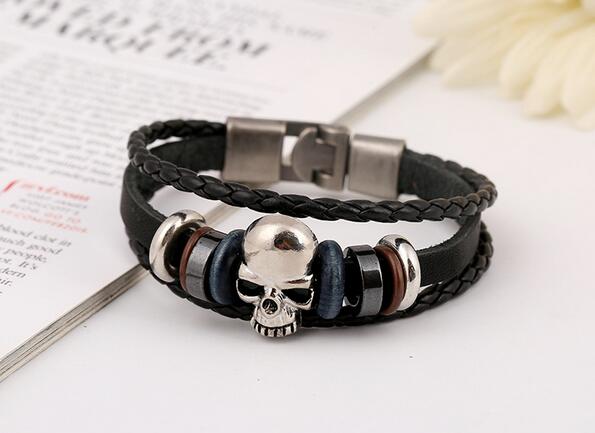 Meaeguet Men's Leather Skull Bracelets Rock Punk Stainless steel Skeleton Charms Cuff Bracelet Bangles Casual Jewelry G44