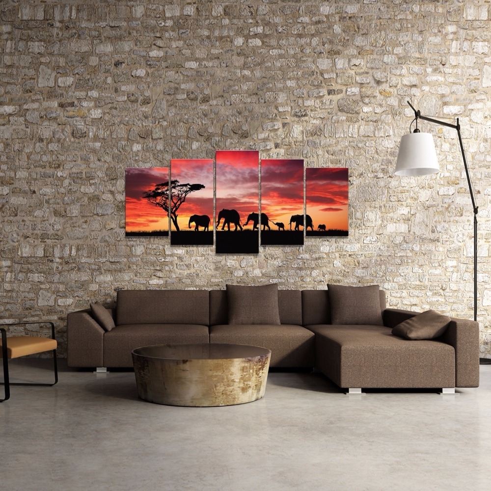 5Panel Modern Africa Elephant Landscape Oil Painting on Canvas for Living Room Wall Art Gift Decoration Home No Frame