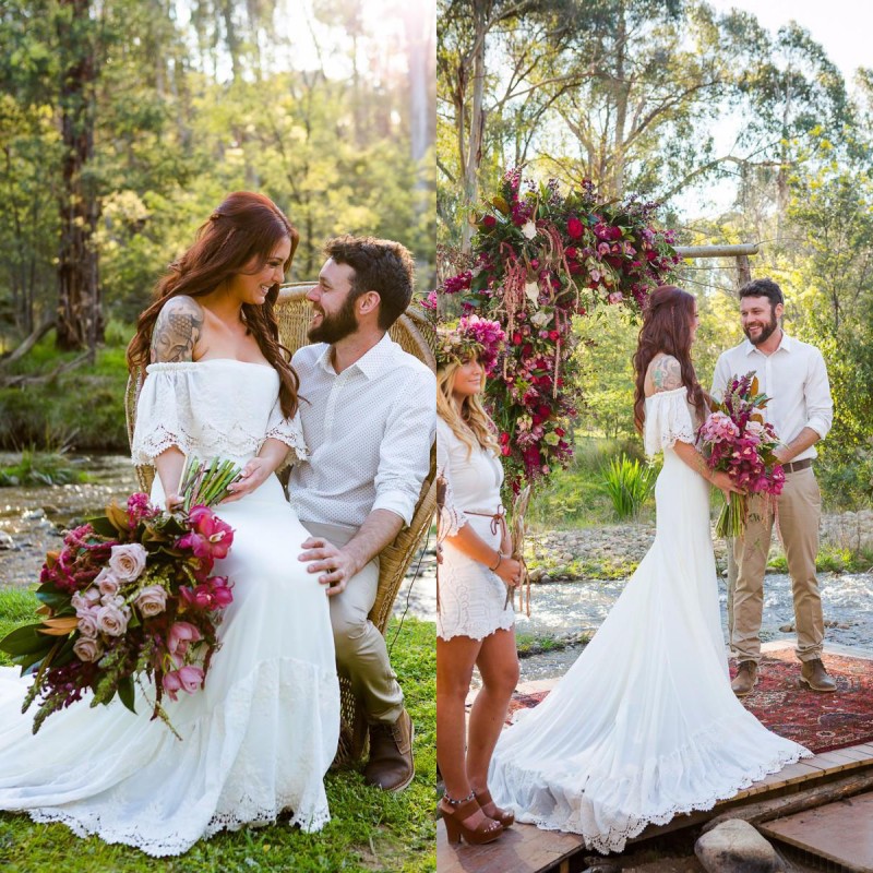 Spring 2020 Latest Bohemian Wedding Dresses Cheap Off The Shoulder Flounce Neckline White Lace and Chiffon Boho Bridal Gowns Custom Made