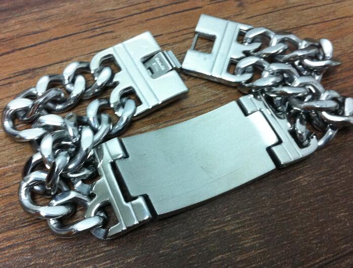 Silver Tone Biker Stainless Steel High Polished 2 Row Curb Chain bangle Smooth ID Bracelet for Men large 22mm 9 inch
