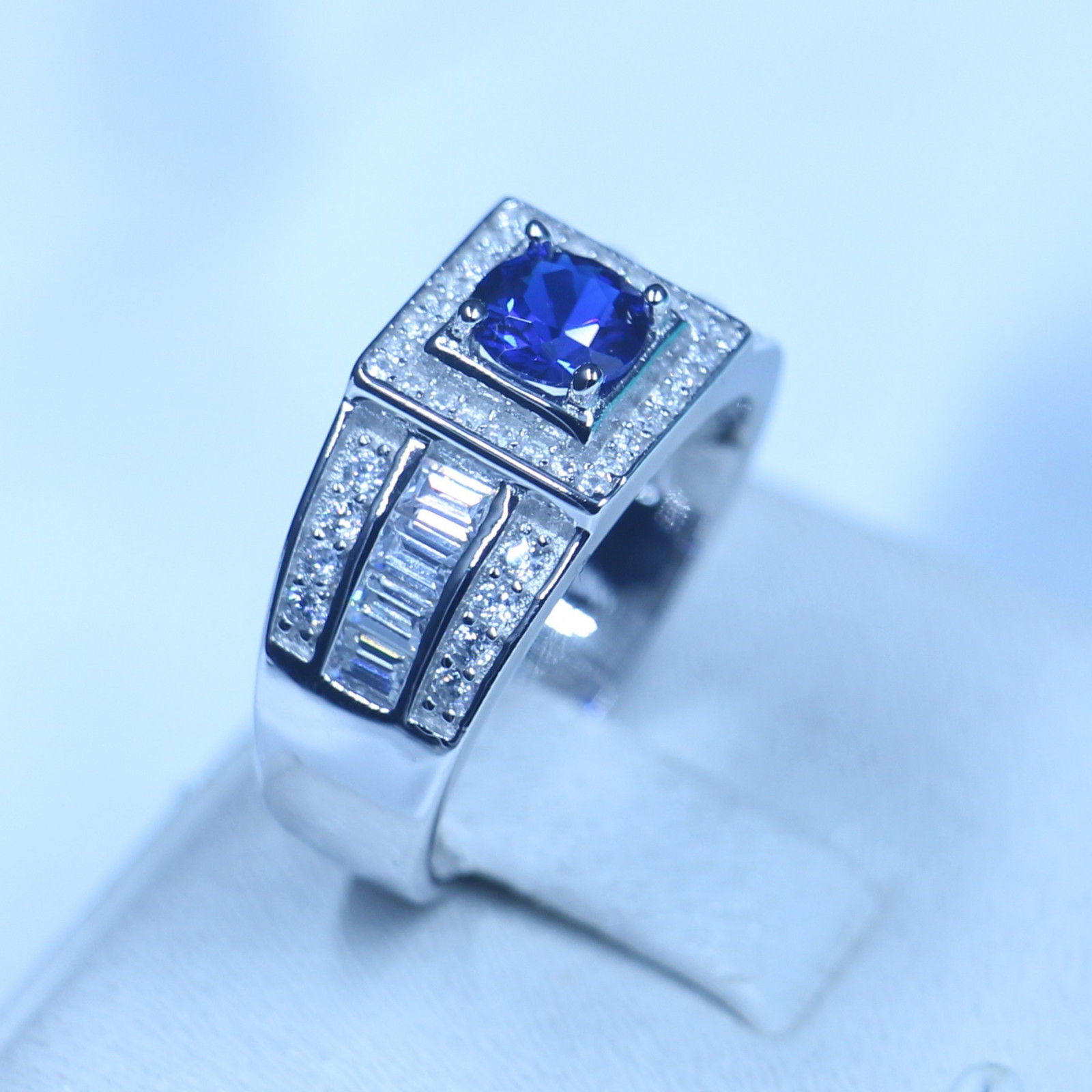 Wholesale Luxury Jewelry Pure Real Soild 925 Sterling Silver Blue Sapphire 5A CZ Round Cut Gemstones Wedding Men Band Ring Gift Size 8-13