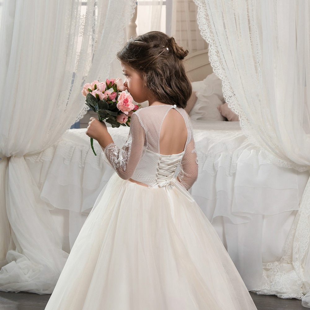 2020 Beautiful Champagne Lace Flower Girl Dress with Sleeves Lace Train Kids Corset Ball Gown Prom Dress for Girls Size 8 12