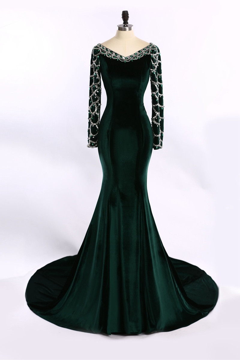 Royal Blue Velvet Evening Dresses With Long Sleeves 2022 Winter Real Photos V-neck Beaded Crystal Mermaid Sweep Train Fromal Evening Gowns