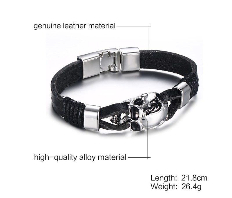 Punk Rock Mens Black Durable Leather Bracelets Gothic Skull Cuff Bangle Stainless Steel Skeleton Pulseiras Masculinas BL-224