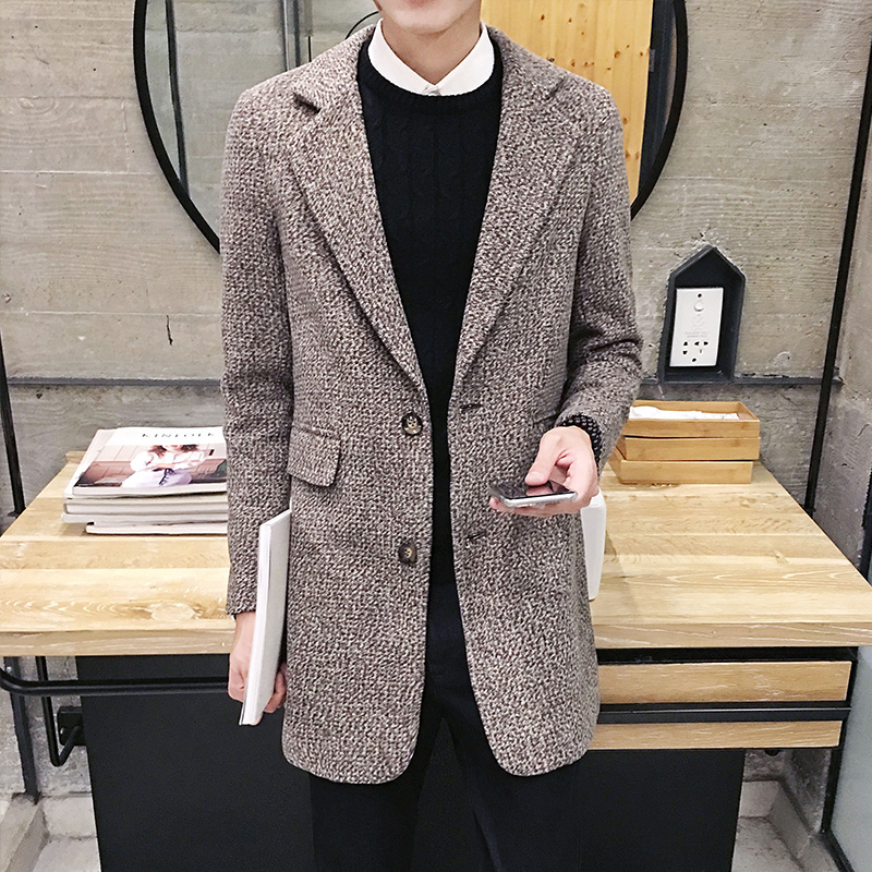 Wholesale- Autumn winter 2016 new fashion Korean Slim woolen coat men's Solid color British style all-match trend coat long windbreaker