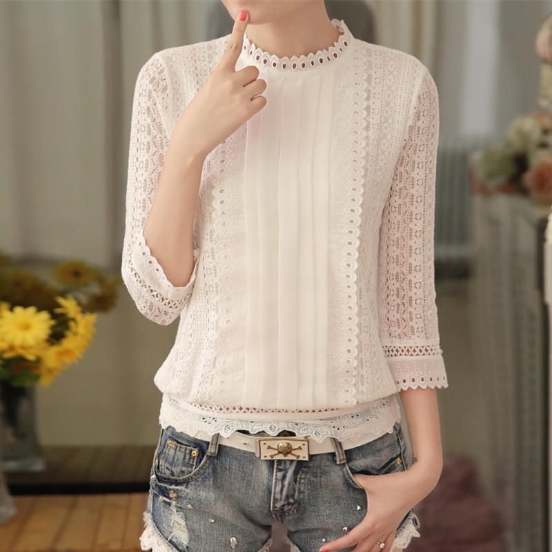 women autumn casual white lace shirts blouse fashion sexy 3/4 sleeve stand collar crochet tops summer korean shirt clothes A633
women autumn casual white lace shirts blouse fashion sexy 3/4 sleeve stand collar crochet tops summer korean shirt clothes A633