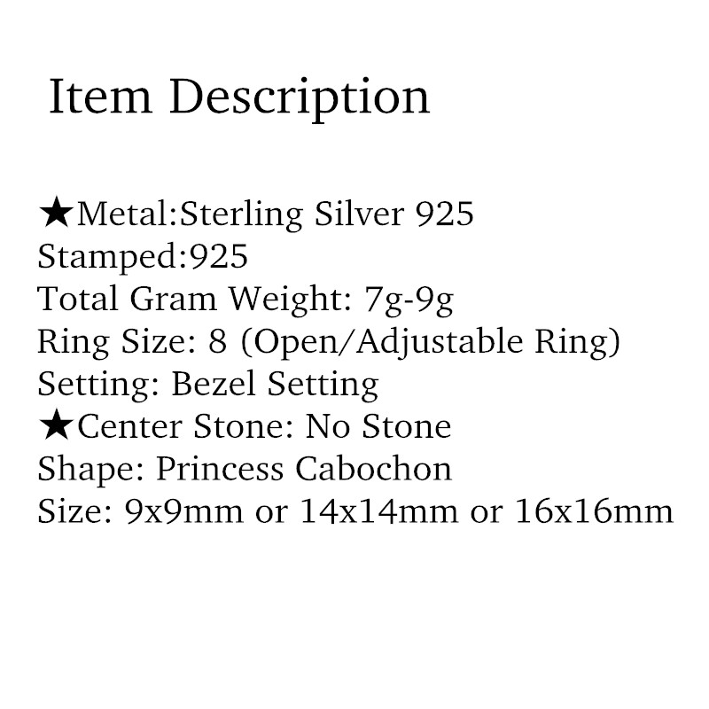 Fine Silver Art Nouveau 925 Sterling Silver Men Ring 9x9 /14x14 / 16x16mm Princess Cabochon Generous Jewelry Setting