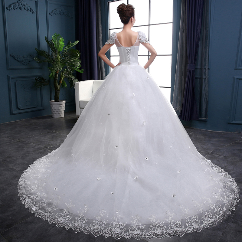 In Stock Lace Ivory Wedding Dresses Under 100 V Neck Court Train Beaded Lace Up Cap Sleeve Backless Applique Bridal Gown Cheap Free Shipping