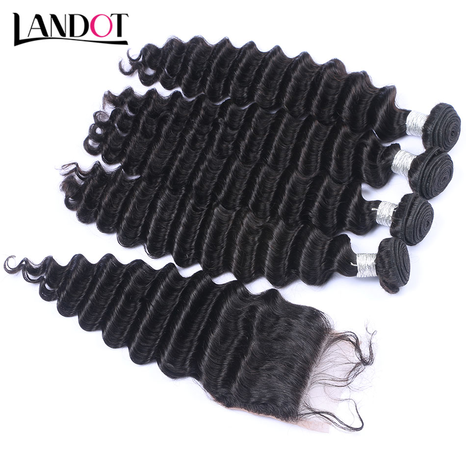 Brazilian Deep Wave Virgin Hair 4 Bundles with Lace Closures Peruvian Malaysian Indian Cambodian Deep Curly Human Hair Weaves Natural Black