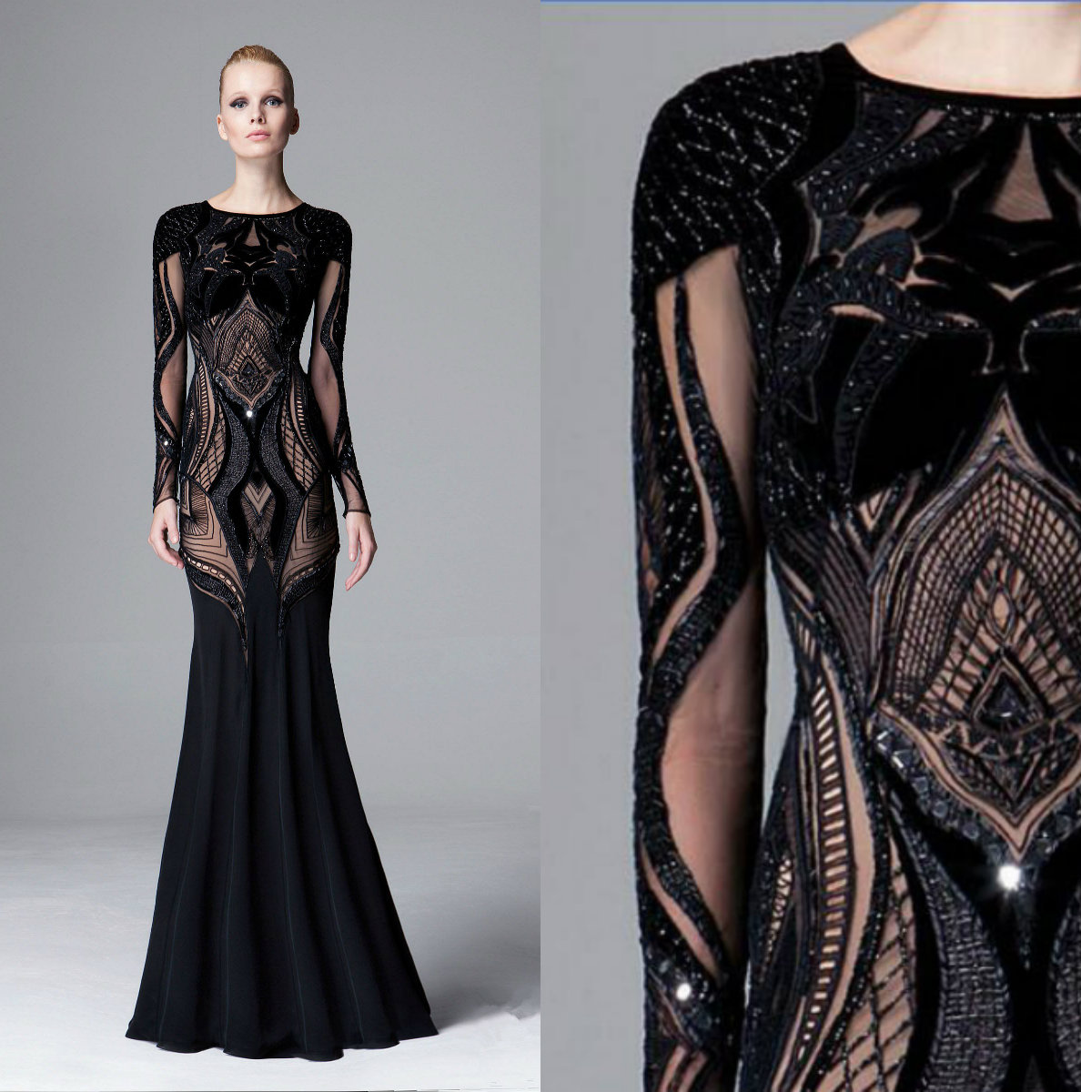 Zuhair Murad Dresses Evening Wear Long Sleeves Jewel Neck Black Sequined Prom Dress Floor length Mermaid Lace Formal Party Gowns, Blue
Zuhair Murad Dresses Evening Wear Long Sleeves Jewel Neck Black Sequined Prom Dress Floor length Mermaid Lace Formal Party Gowns, Blue