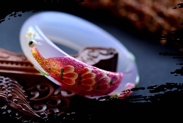 National wind white agate peacock Mosaic coloured drawing or pattern wide bracelet. Beautiful woman love