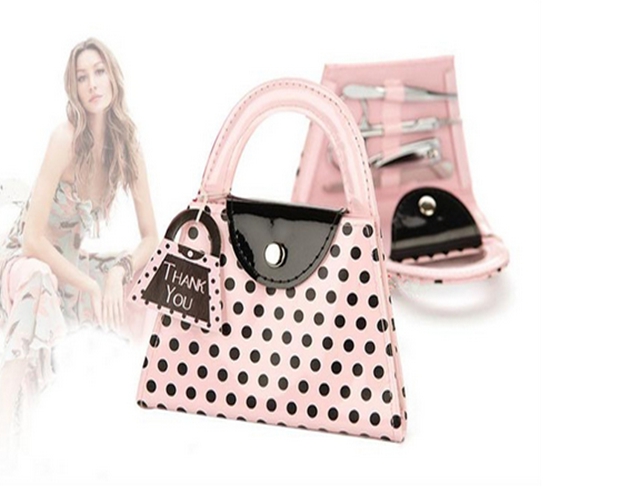 50sets/lot Free Shipping Bridal Shower Favors Pedicure Set Pink Polka Dot Purse Manicure Set Wedding Party Gift Favors