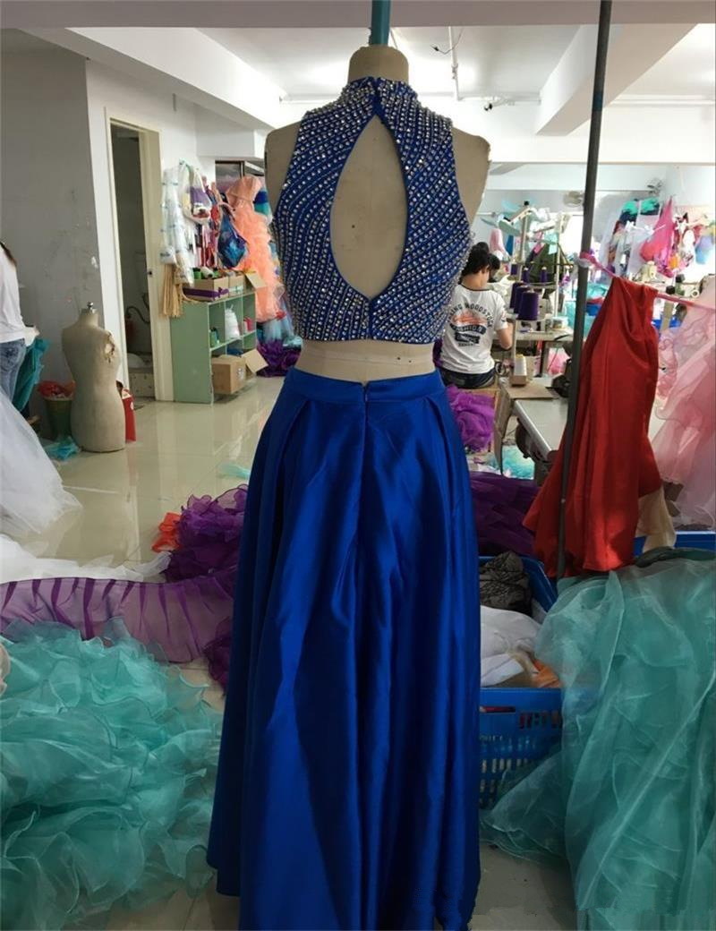 2017 Real Photos Royal Blue Elegant Two Piece Prom Dresses Long Formal Evening Party Gown QC109