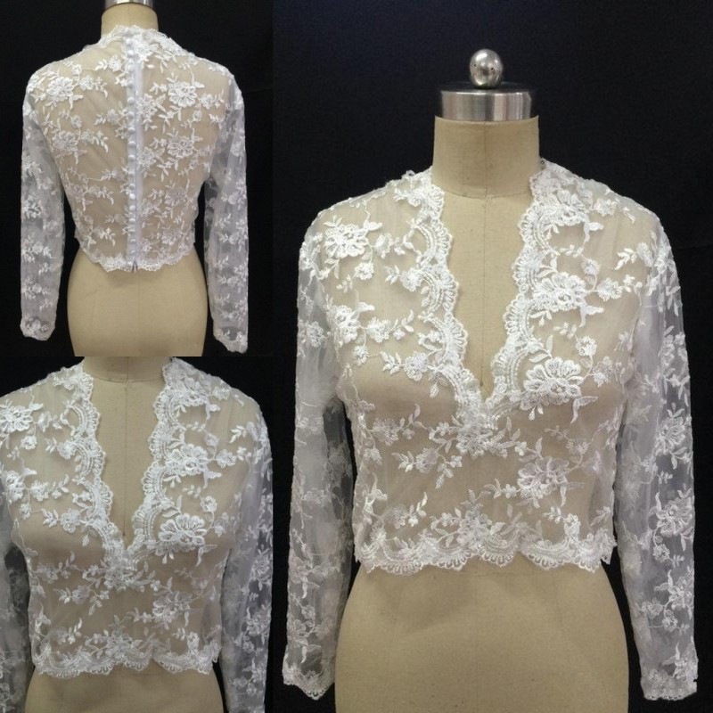 Cheap Bridal Wraps Modest Alencon Applique V Neck Wedding Bridal Bolero For Wedding Dresses Long Sleeve Lace Applique Jacket