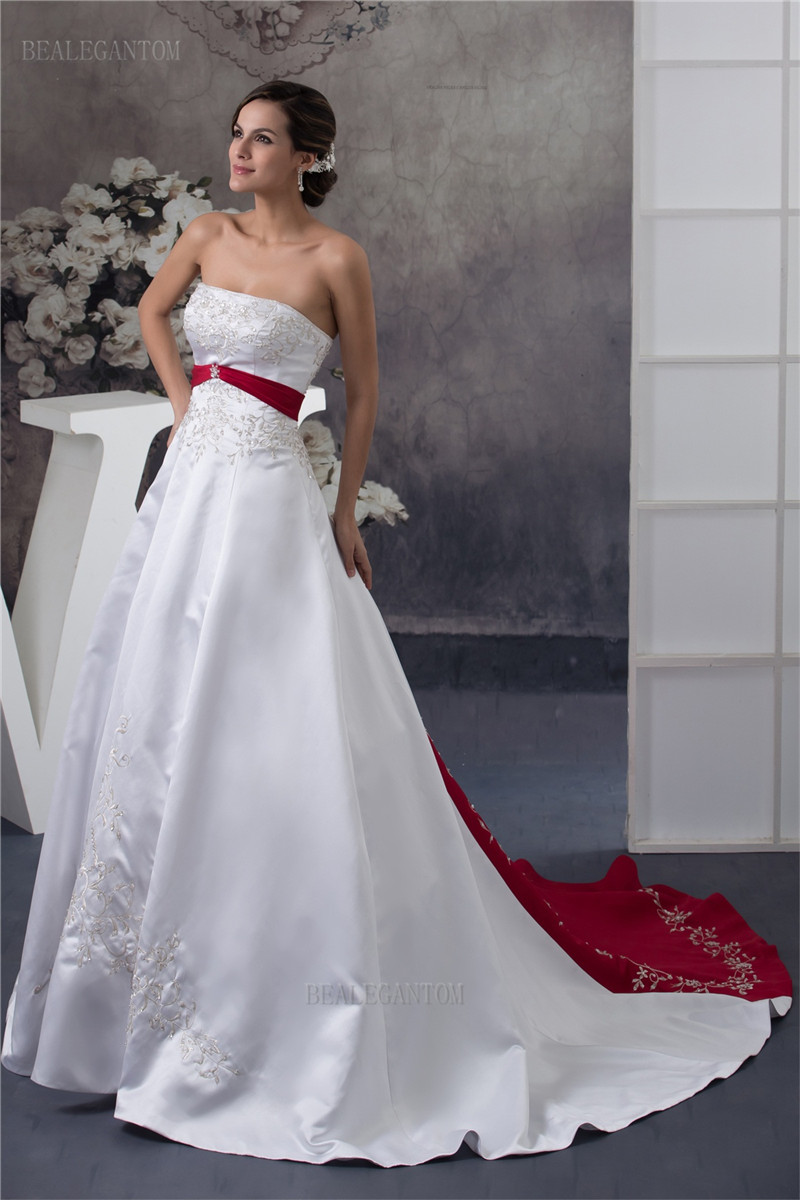 newest elegant strapless satin wedding dresses aline embroidery beaded plus size wedding party bridal gowns bm44