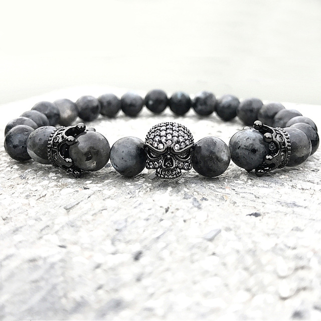 Fashion male skull bracelet grey Strands stone beads bangle gift rown & Matte Black Onyx Women Gift Valentine's Day Holiday Christmas