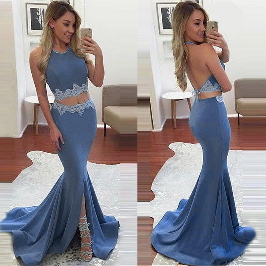 Halter Neckline Two Piece Mermaid Evening Dresses With Lace Appliques Blue Trumpet Front Slit Prom Dress 2019 vestidos fiesta cortos, Black
Halter Neckline Two Piece Mermaid Evening Dresses With Lace Appliques Blue Trumpet Front Slit Prom Dress 2019 vestidos fiesta cortos, Black