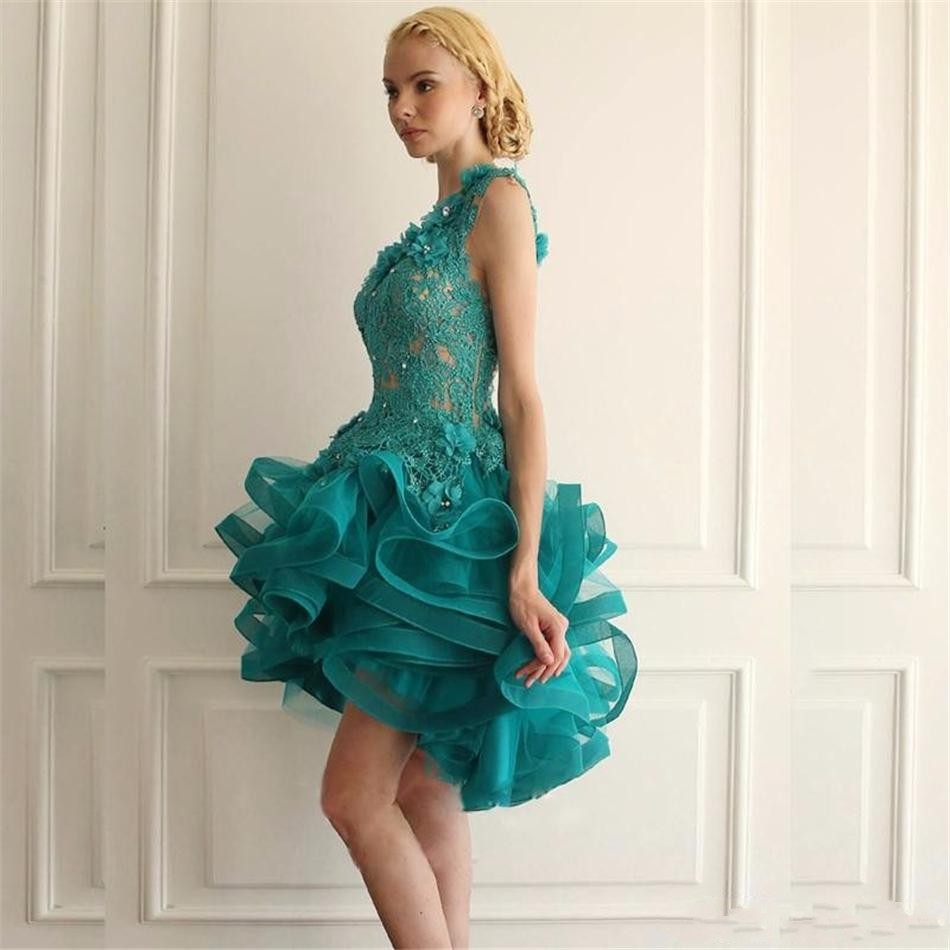 Emerald New Green Short Dresses Appliques Lace Tiered Organza High Low Cheap Backless Prom Dress Formal Party Gowns Custom Made