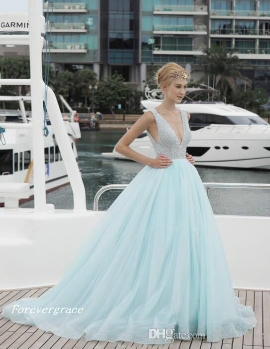 Fashion South African Ice Blue Sexy Prom Dress V-neck Backless Long Formal Evening Party Gown Custom Made Plus Size