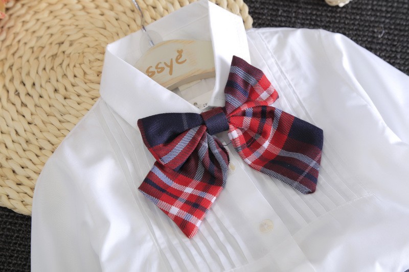 Autumn&Spring New School Style Fashion Baby Girls Dress Set White Shirt Top With Plaid Knot Tie+Plaid Mini Skirt 3 Pcs Sets 3-7T