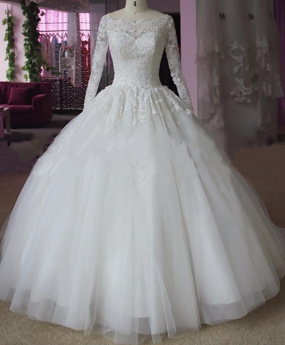 White Ivory Plus Size Wedding Dress Illusion Long Sleeve Sheer Neck Beaded Lace Applique Muslim Vestido De Noiva Ball Gown Real Photo