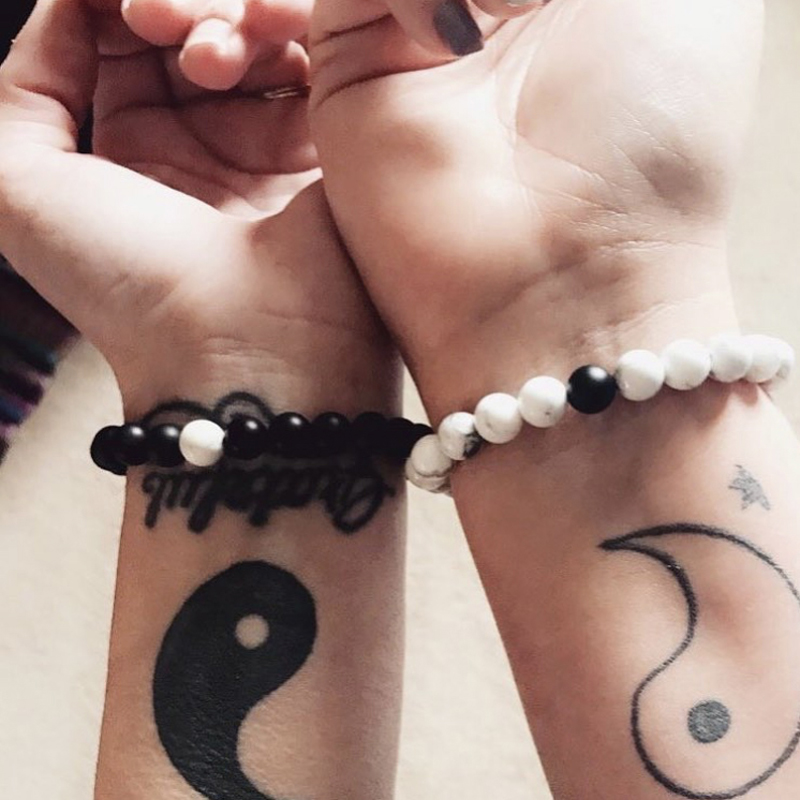 His and Hers Couple Bracelet White Turquoise&Strands Black Matte Agate Stones Wrist Strap accessories Gift Valentine's Day Holiday Christmas Symb