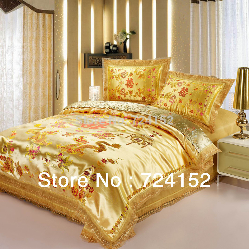 Wholesale- Red satin comforter set dragon chinese wedding bedding set print Modern suits jacquard Bedclothes queen/king size