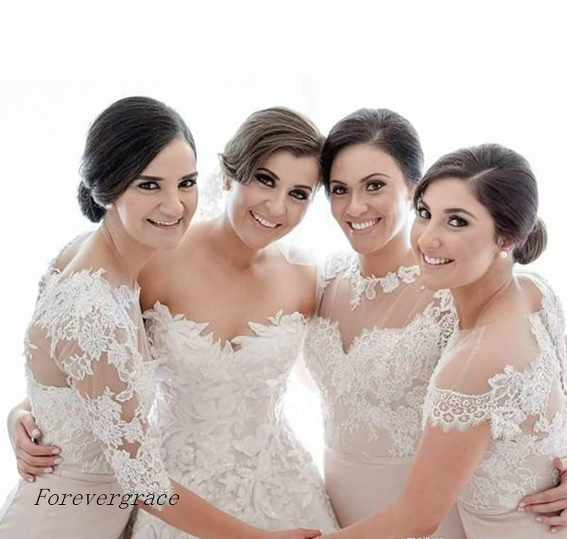New Cheap Bridesmaid Dress Mermaid Sheer Half Sleeve Mixed Styles Lace Long Maid of Honor Dress Wedding Guest Gown Custom Made Plus Size