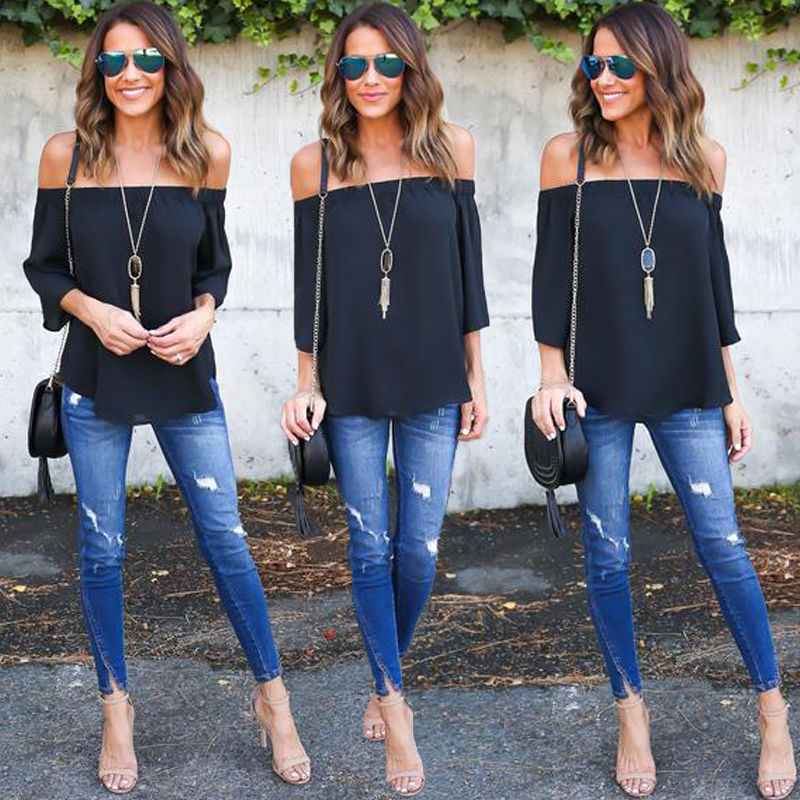 Wholesale- Casual T Shirt Tops Women Clothing New Fashion Women Lady Clothes Tops Summer Short Sleeve Off Shoulder Loose